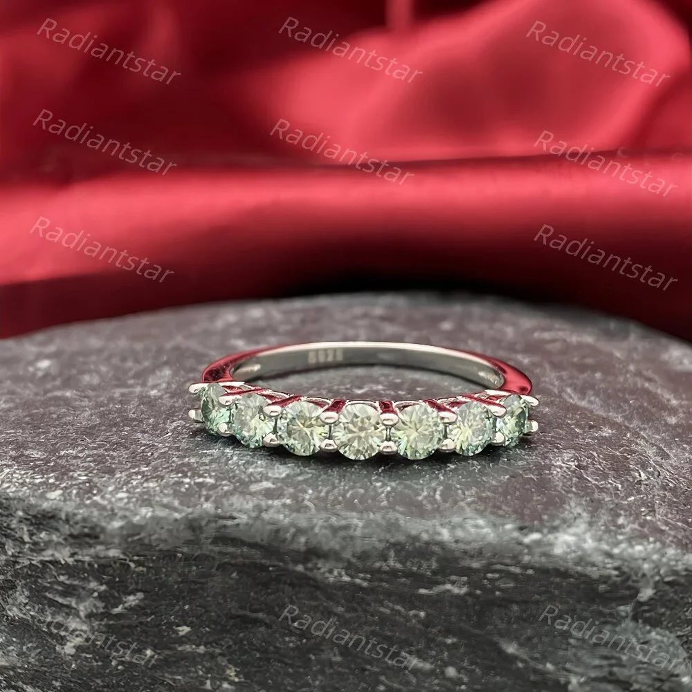 NEW Certified 3mm Blue Green Moissanite 7 Stone Half Eternity Band Ring